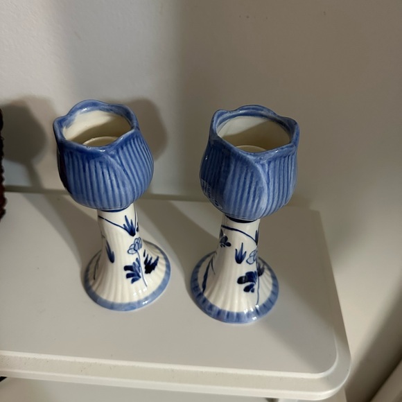 Blue Delft Ceramic Candlestick Holder Pair - Picture 4 of 6